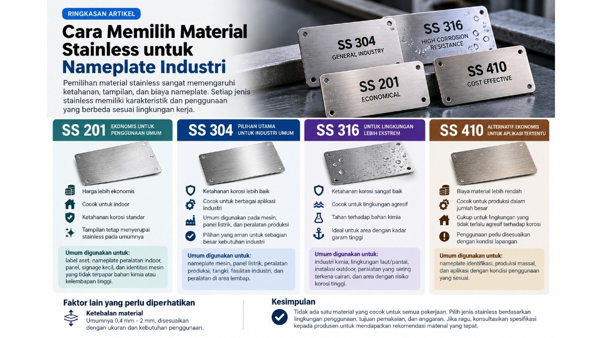 Cara Memilih Material Stainless untuk Nameplate Industri: SS 201, 304, 316, dan 410